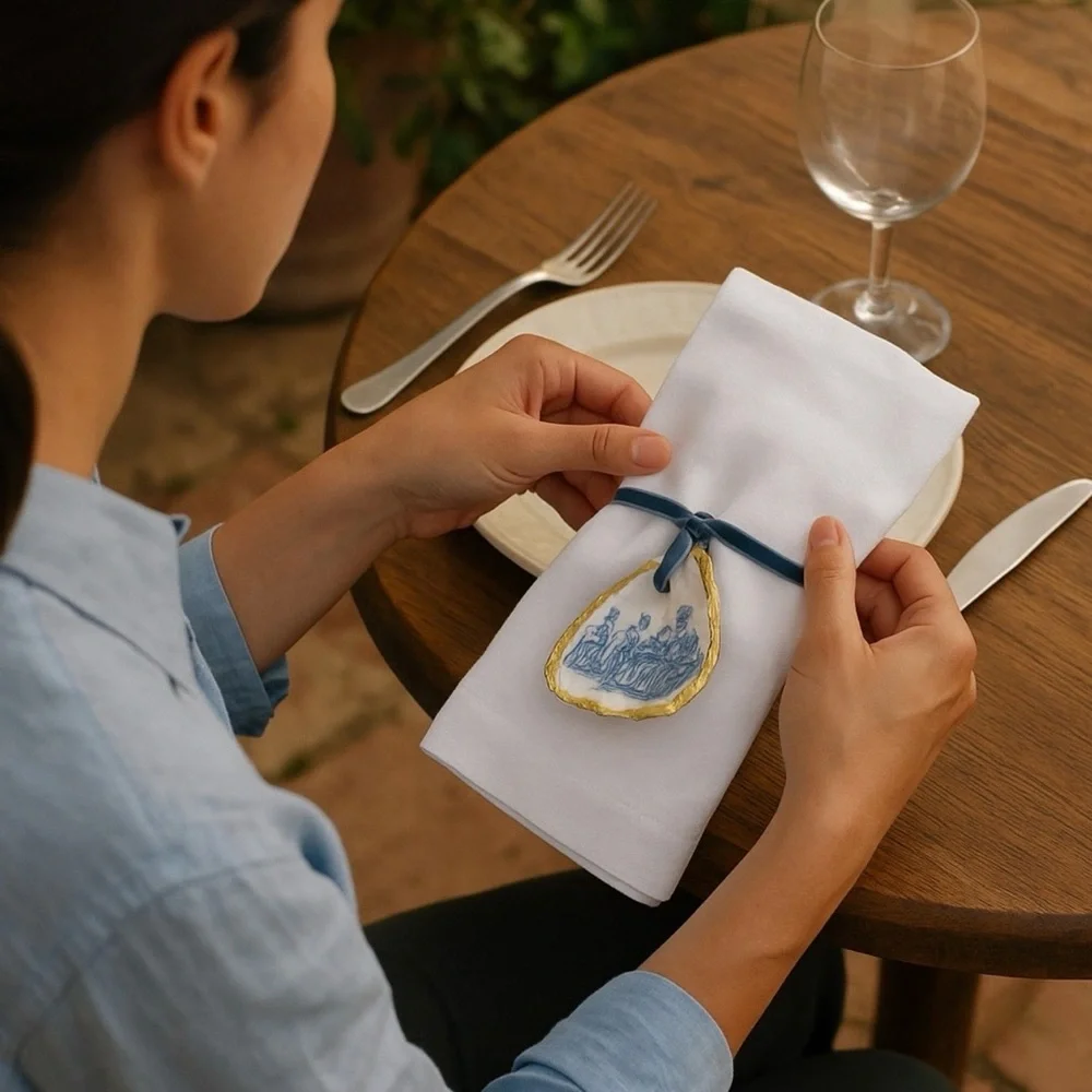 Set of 6 Handcrafted Blue Toile Oyster Shell Napkin Ring Holders - Picture 2 of 10